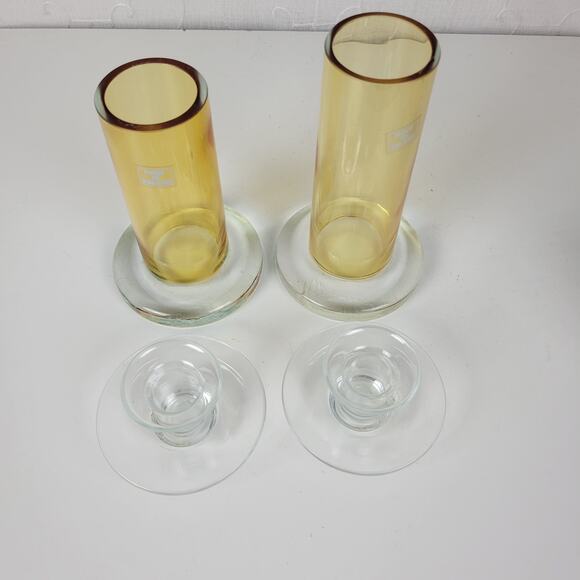 VINTAGE Mid Century Modern Candle Sticks Yellow & Clear Glass Holder Set of 2 - Picture 15 of 16